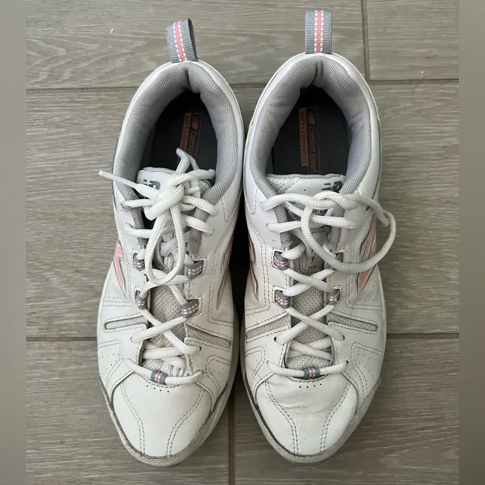 NEW BALANCE 608 WOMENS ATHLETIC SNEAKERS 9 WHITE LEATHER WALKING DAD SHOES PINK